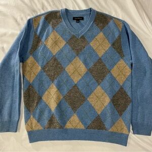 Charter Club Mens 100% Lambs Wool Blue Beige Argyle V-Neck Sweater Size Large L